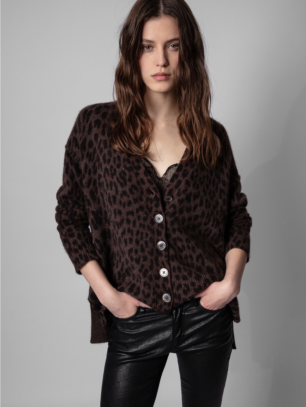 Zadig & Voltaire 100% Cashmere Brown Leopard-Print Button Cardigan